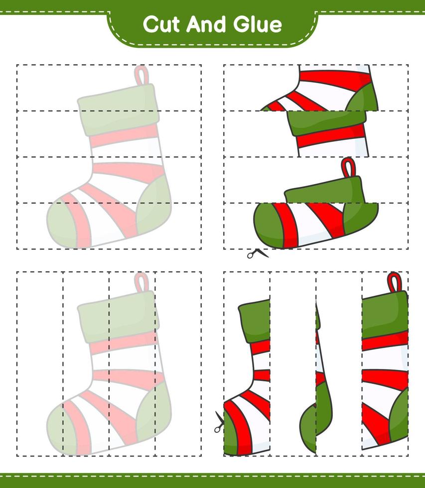 Cut and glue, cut parts of Christmas Sock and glue them. Educational children game, printable worksheet, vector illustration