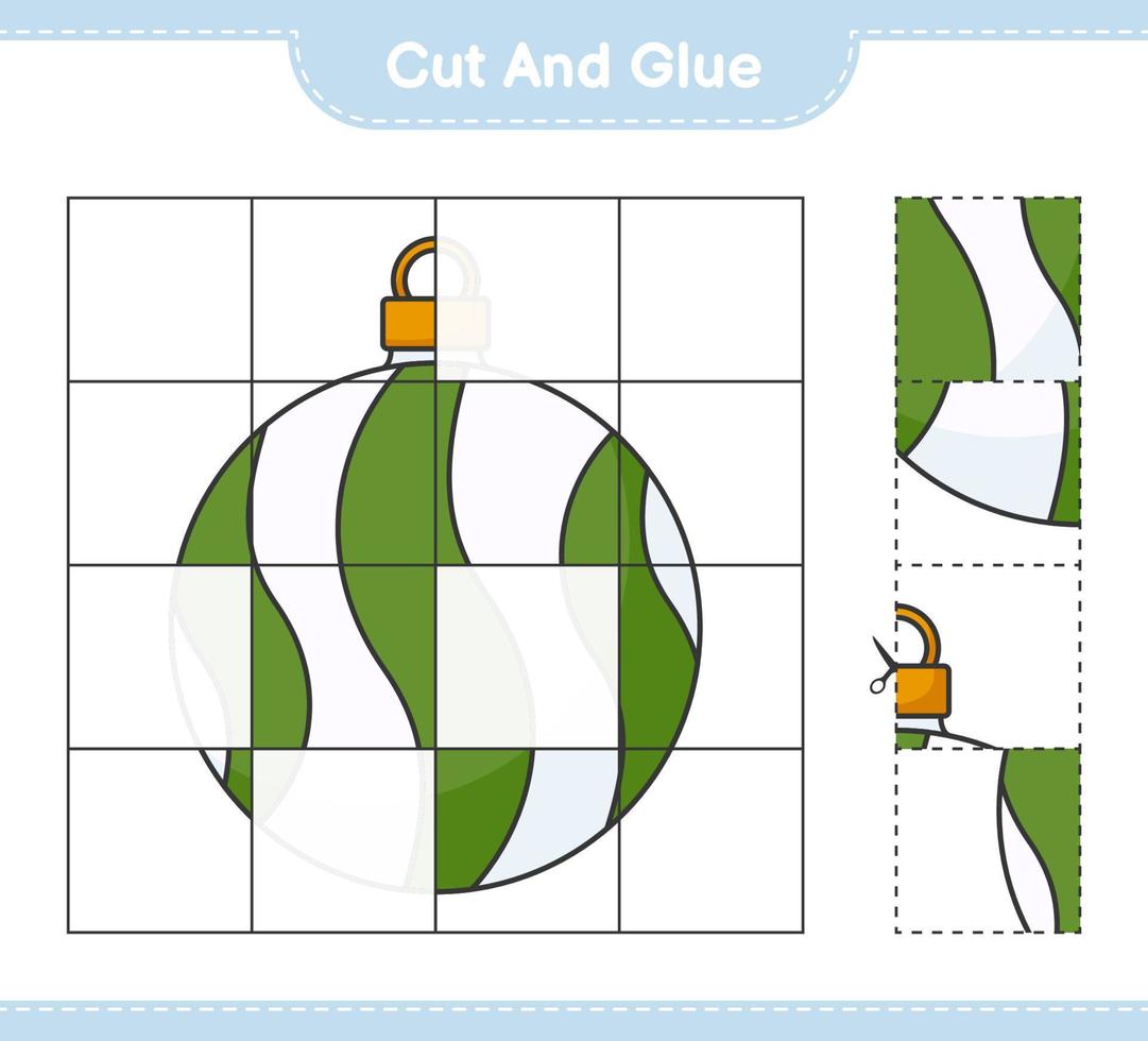 Cut and glue, cut parts of Christmas Ball and glue them. Educational children game, printable worksheet, vector illustration