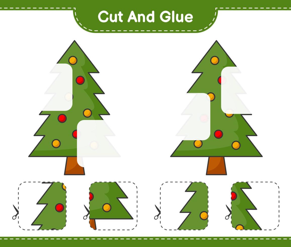 corta y pega, corta partes del árbol de navidad y pégalas. juego educativo para niños, hoja de cálculo imprimible, ilustración vectorial vector