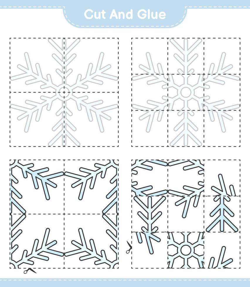 corta y pega, corta partes del copo de nieve y pégalas. juego educativo para niños, hoja de cálculo imprimible, ilustración vectorial vector