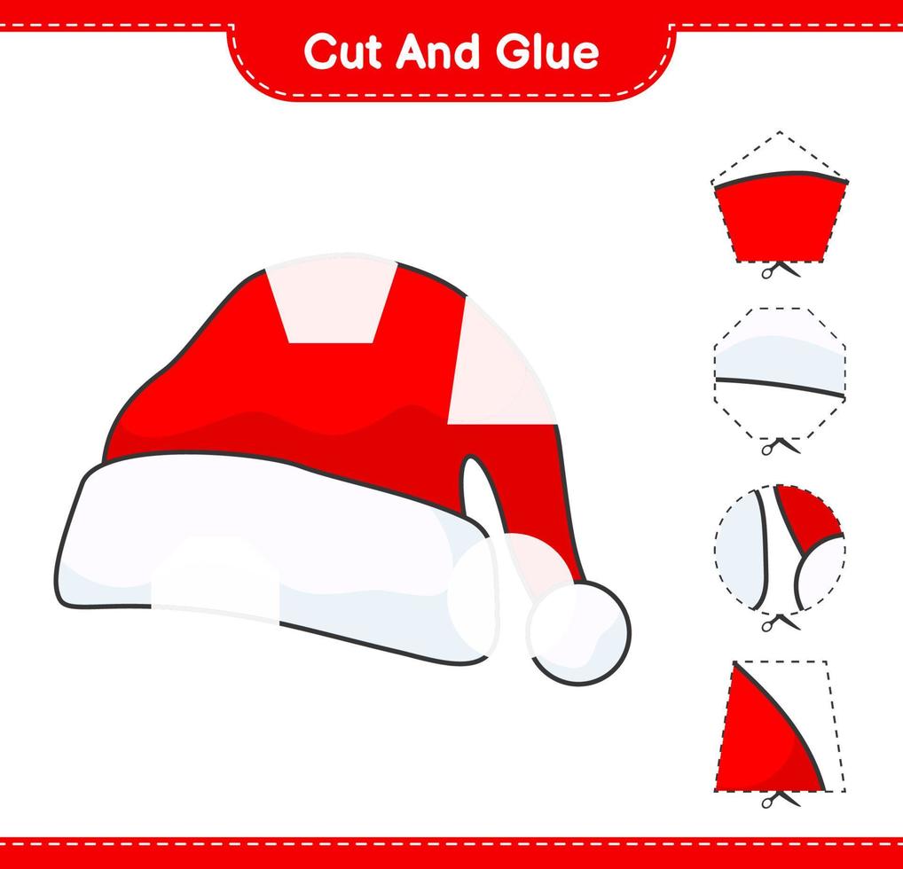 Cut and glue, cut parts of Santa Hat and glue them. Educational children game, printable worksheet, vector illustration