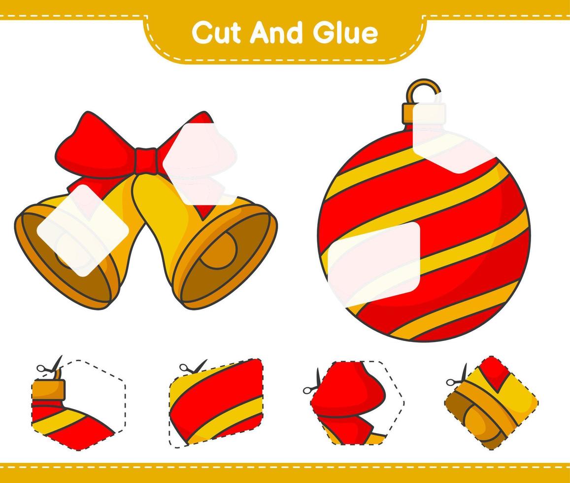 Cut and glue, cut parts of Christmas Ball, Christmas Bell and glue them. Educational children game, printable worksheet, vector illustration
