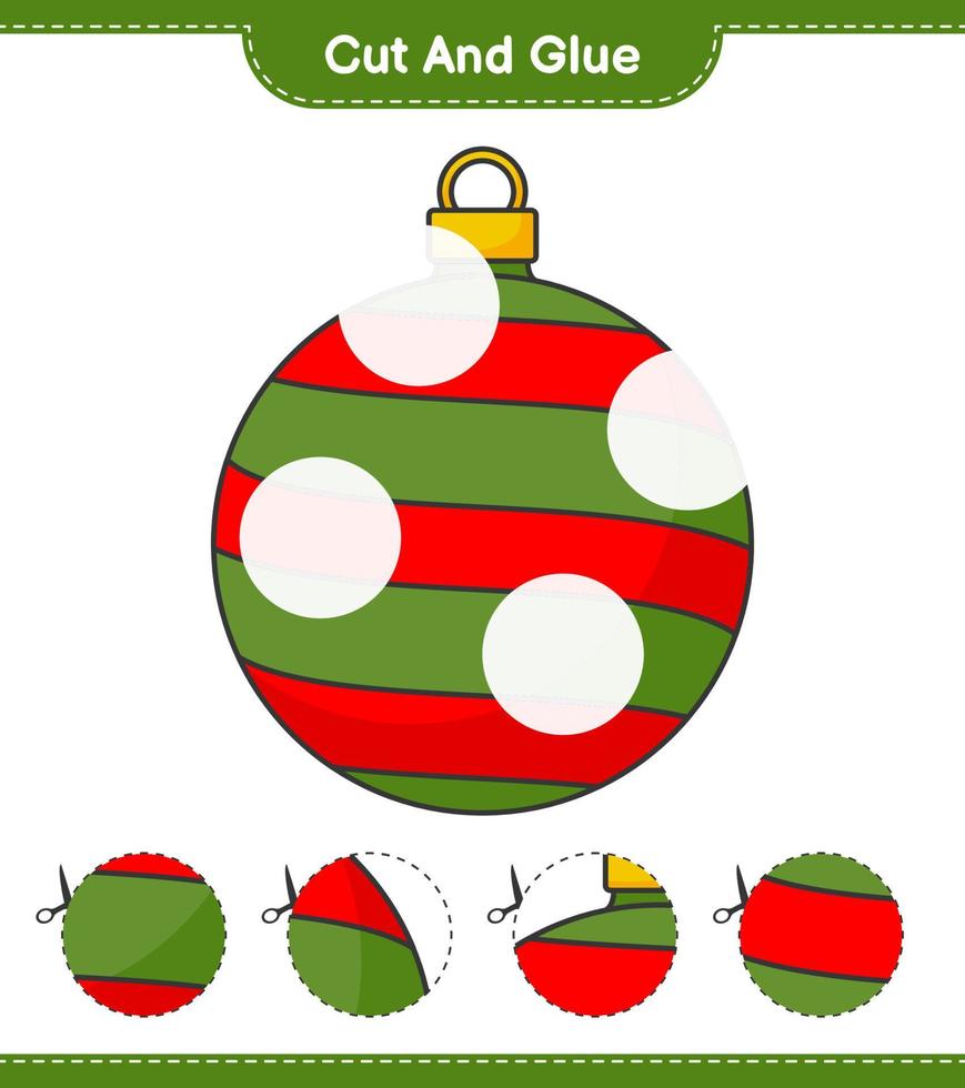 corta y pega, corta partes de la bola de navidad y pégalas. juego educativo para niños, hoja de cálculo imprimible, ilustración vectorial vector