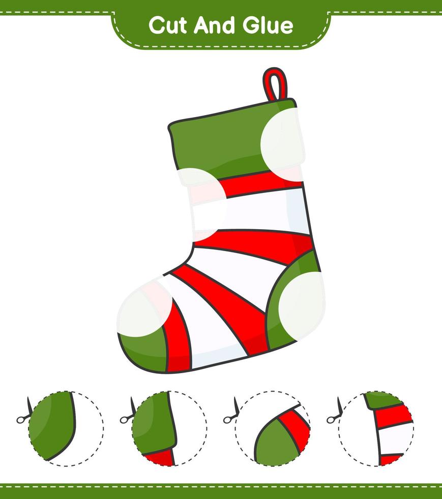 Cut and glue, cut parts of Christmas Sock and glue them. Educational children game, printable worksheet, vector illustration