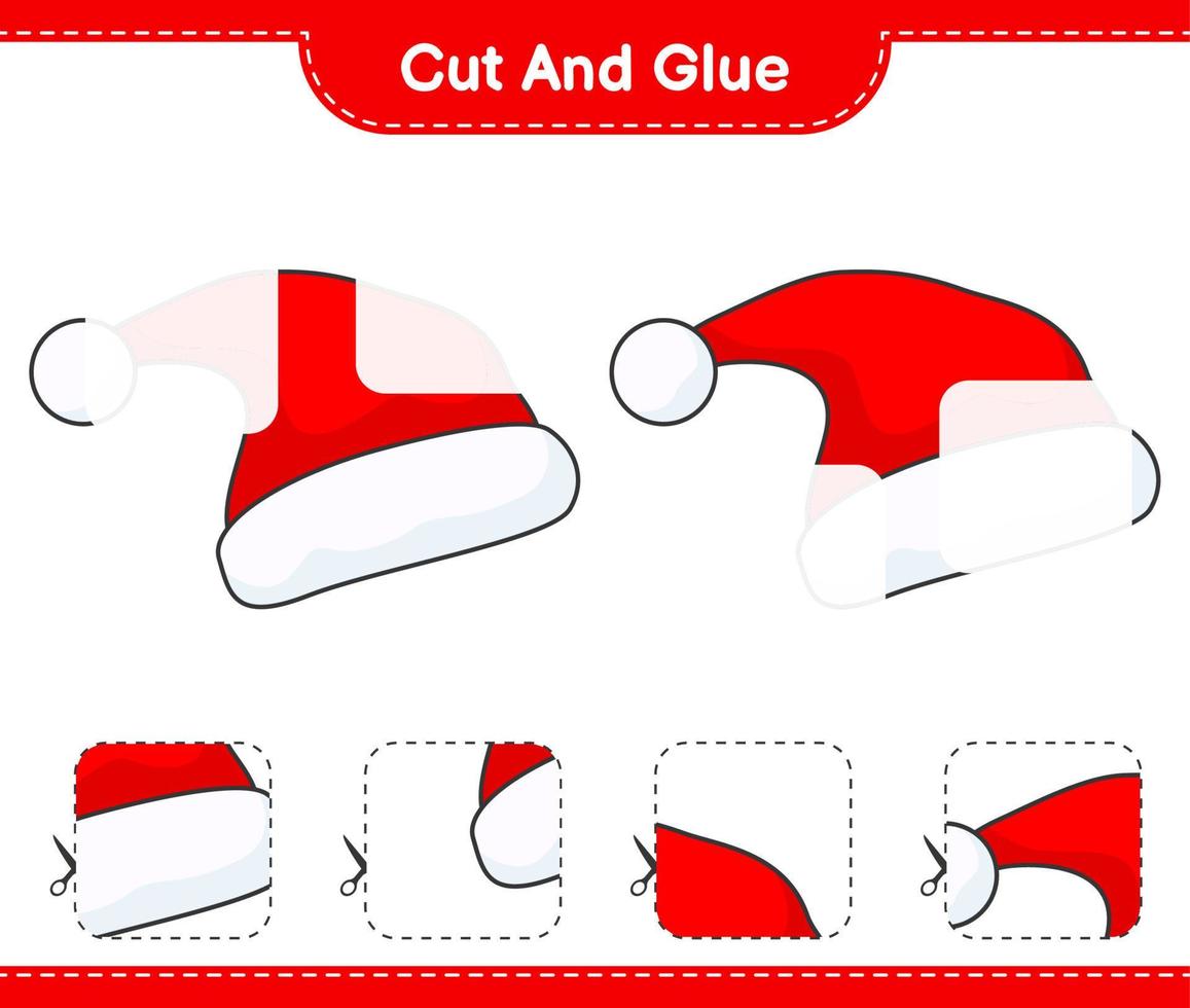 Cut and glue, cut parts of Santa Hat and glue them. Educational children game, printable worksheet, vector illustration