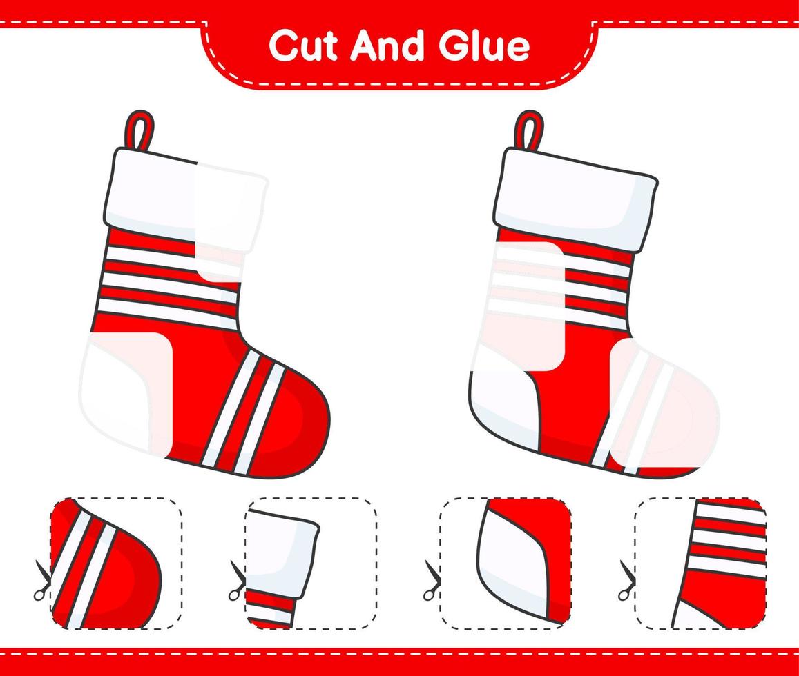 Cut and glue, cut parts of Christmas Sock and glue them. Educational children game, printable worksheet, vector illustration