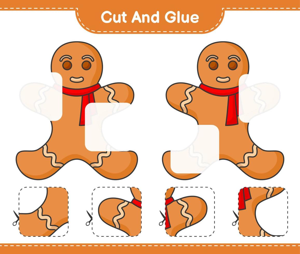 Cut and glue, cut parts of Gingerbread Man and glue them. Educational children game, printable worksheet, vector illustration