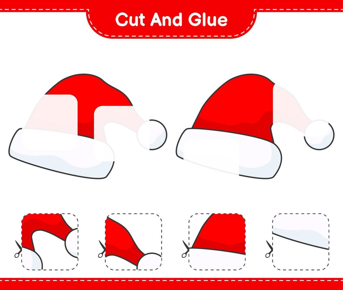 Cut and glue, cut parts of Santa Hat and glue them. Educational children game, printable worksheet, vector illustration