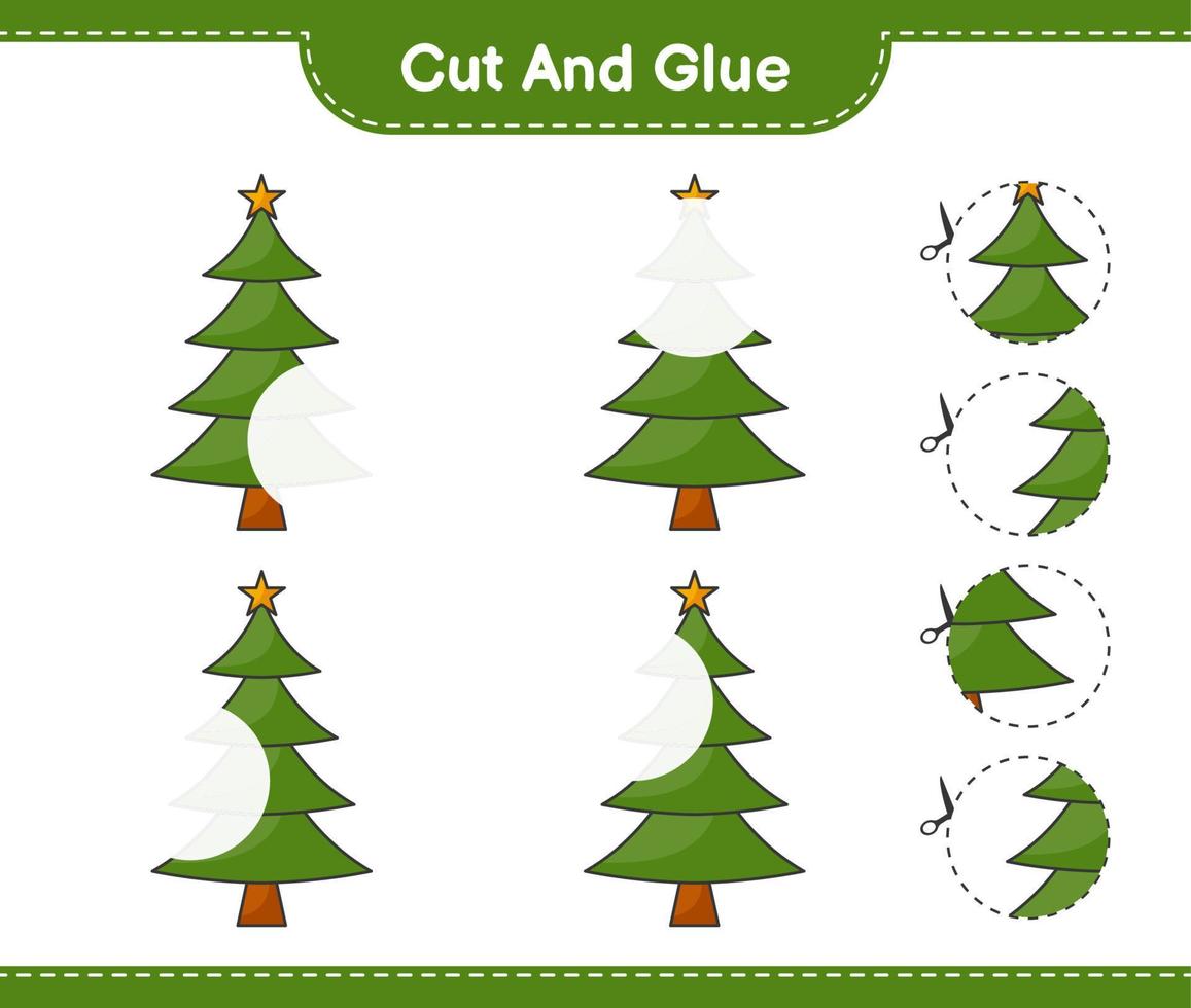 Cut and glue, cut parts of Christmas Tree and glue them. Educational children game, printable worksheet, vector illustration