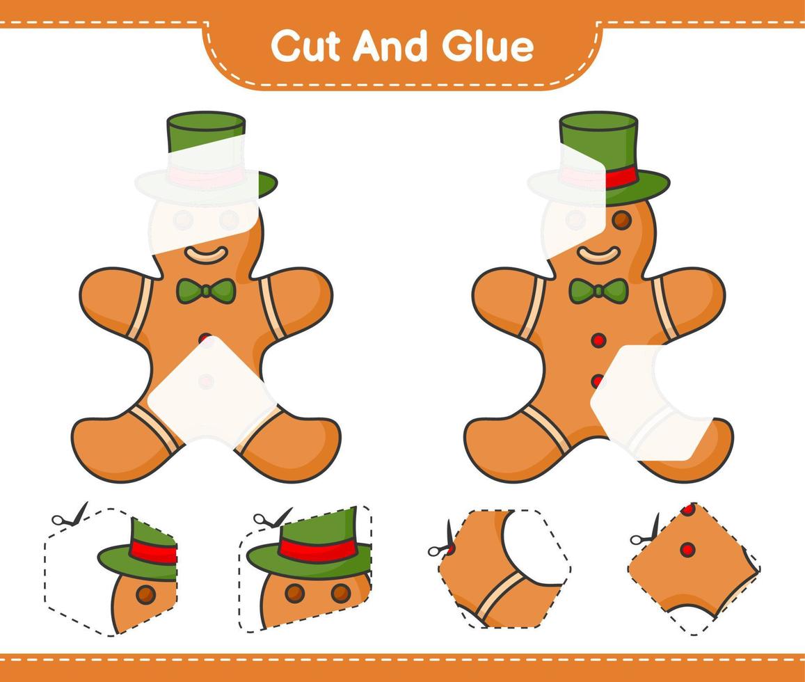 Cut and glue, cut parts of Gingerbread Man and glue them. Educational children game, printable worksheet, vector illustration