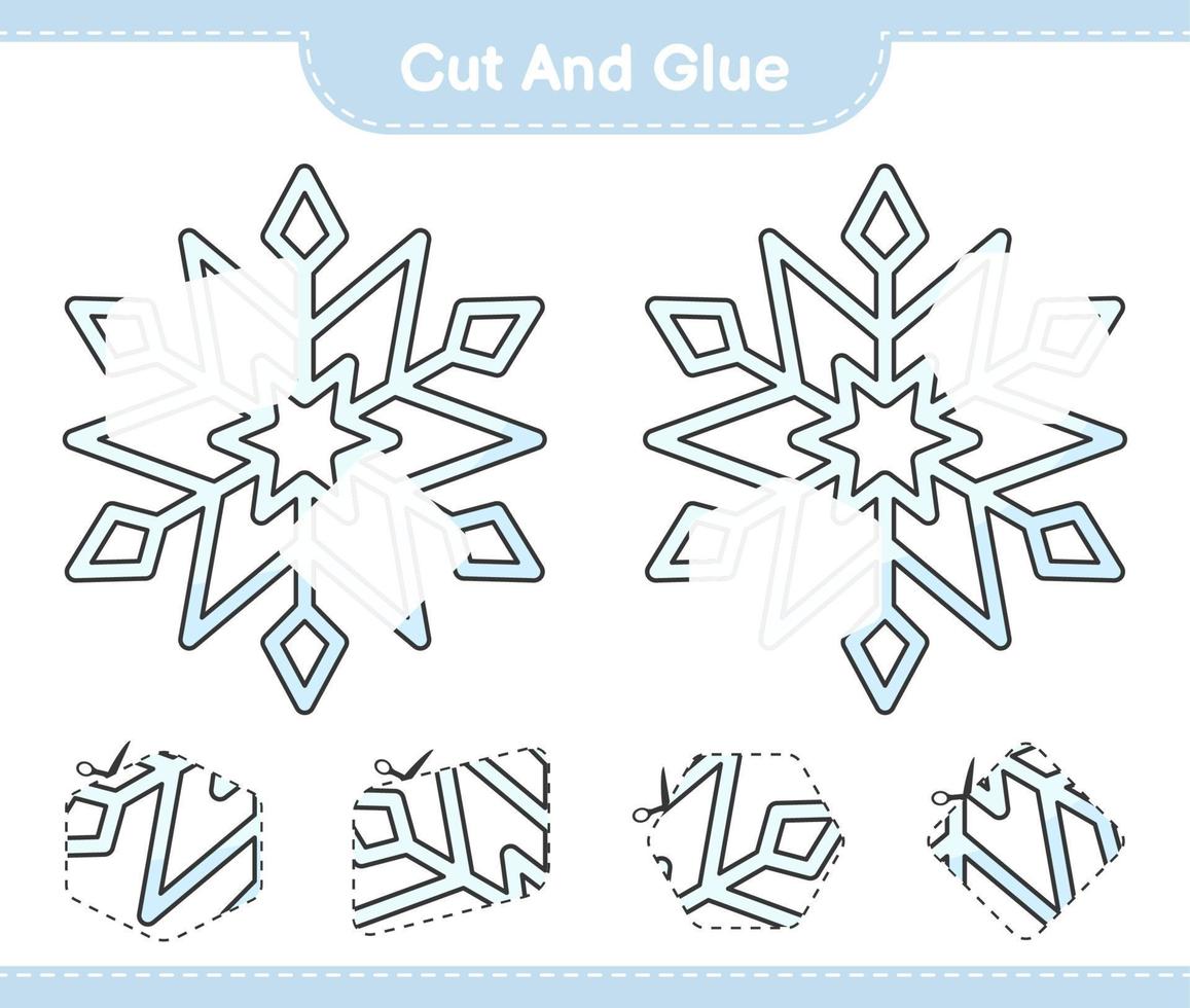 corta y pega, corta partes del copo de nieve y pégalas. juego educativo para niños, hoja de cálculo imprimible, ilustración vectorial vector