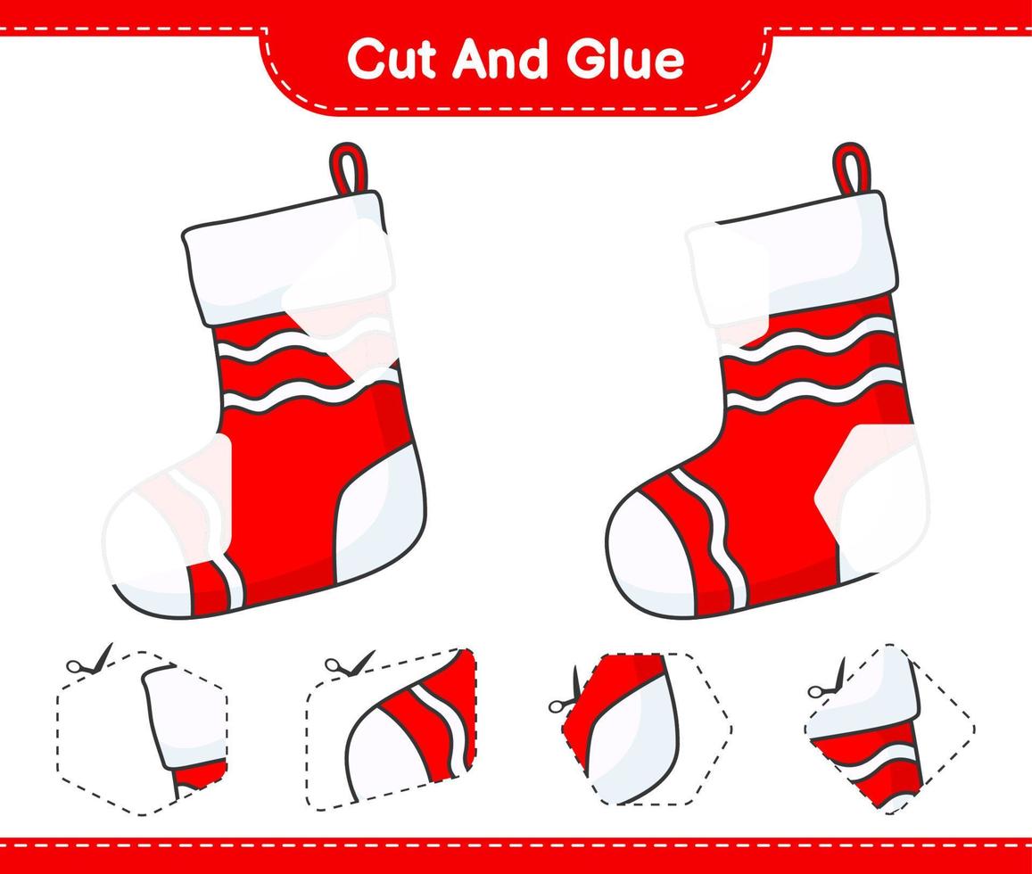 Cut and glue, cut parts of Christmas Sock and glue them. Educational children game, printable worksheet, vector illustration