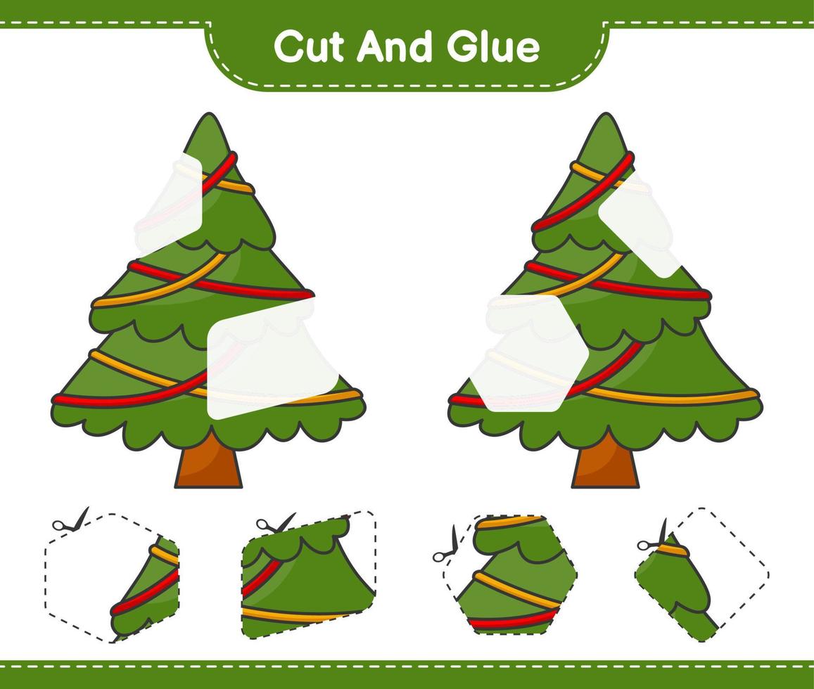 Cut and glue, cut parts of Christmas Tree and glue them. Educational children game, printable worksheet, vector illustration