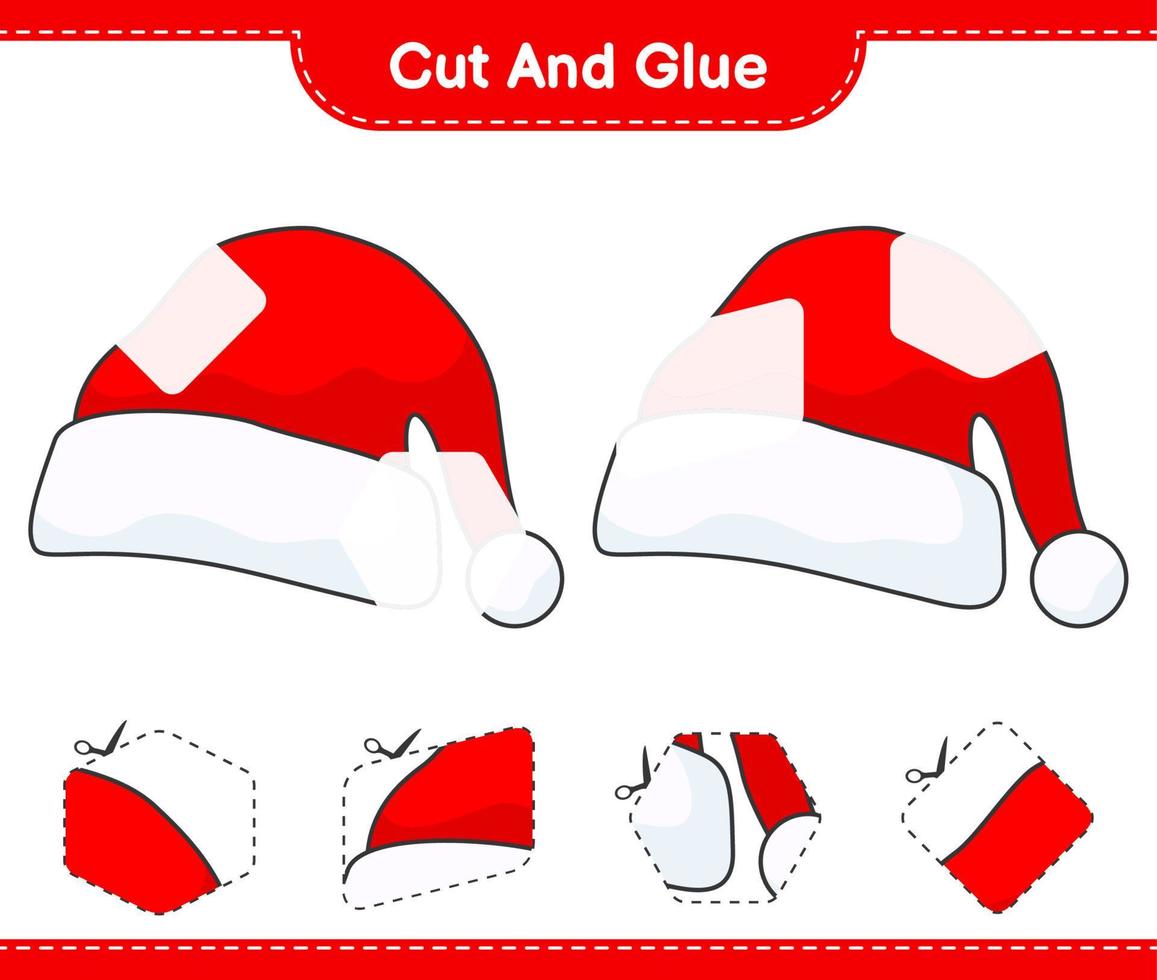 Cut and glue, cut parts of Santa Hat and glue them. Educational children game, printable worksheet, vector illustration