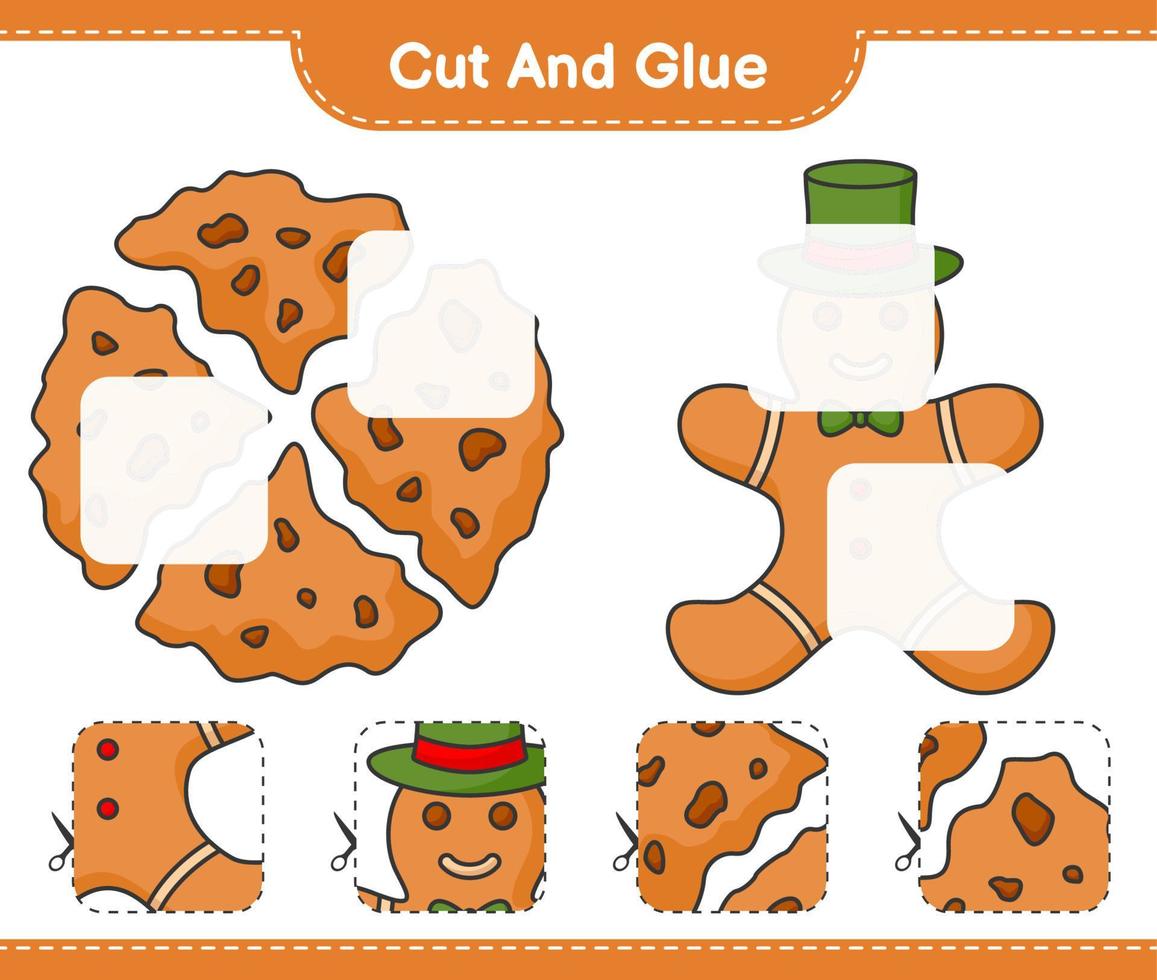 cortar y pegar, cortar partes de pan de jengibre, galletas y pegarlas. juego educativo para niños, hoja de cálculo imprimible, ilustración vectorial vector