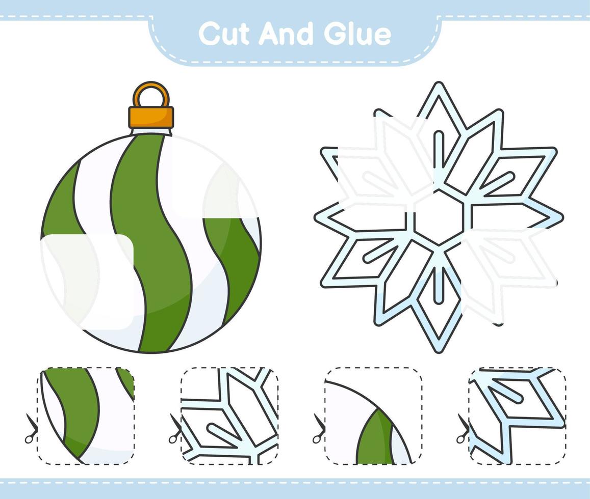 Cut and glue, cut parts of Snowflake, Christmas Ball and glue them. Educational children game, printable worksheet, vector illustration