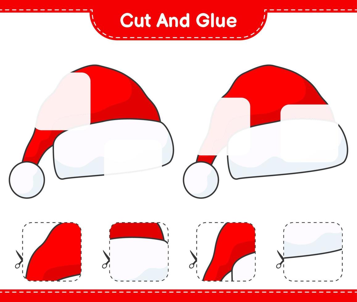 Cut and glue, cut parts of Santa Hat and glue them. Educational children game, printable worksheet, vector illustration