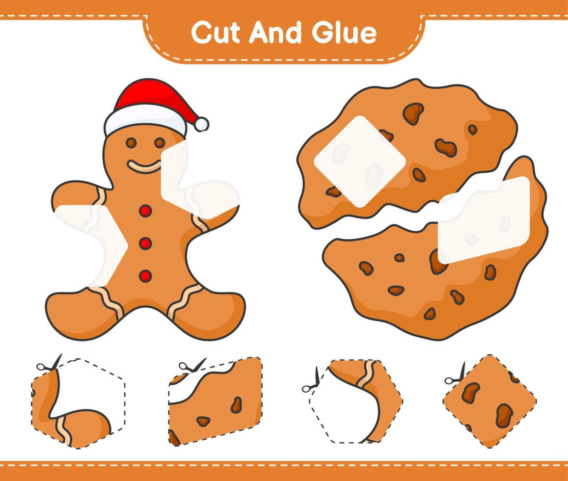 Cut and glue, cut parts of Gingerbread, Cookies and glue them. Educational children game, printable worksheet, vector illustration