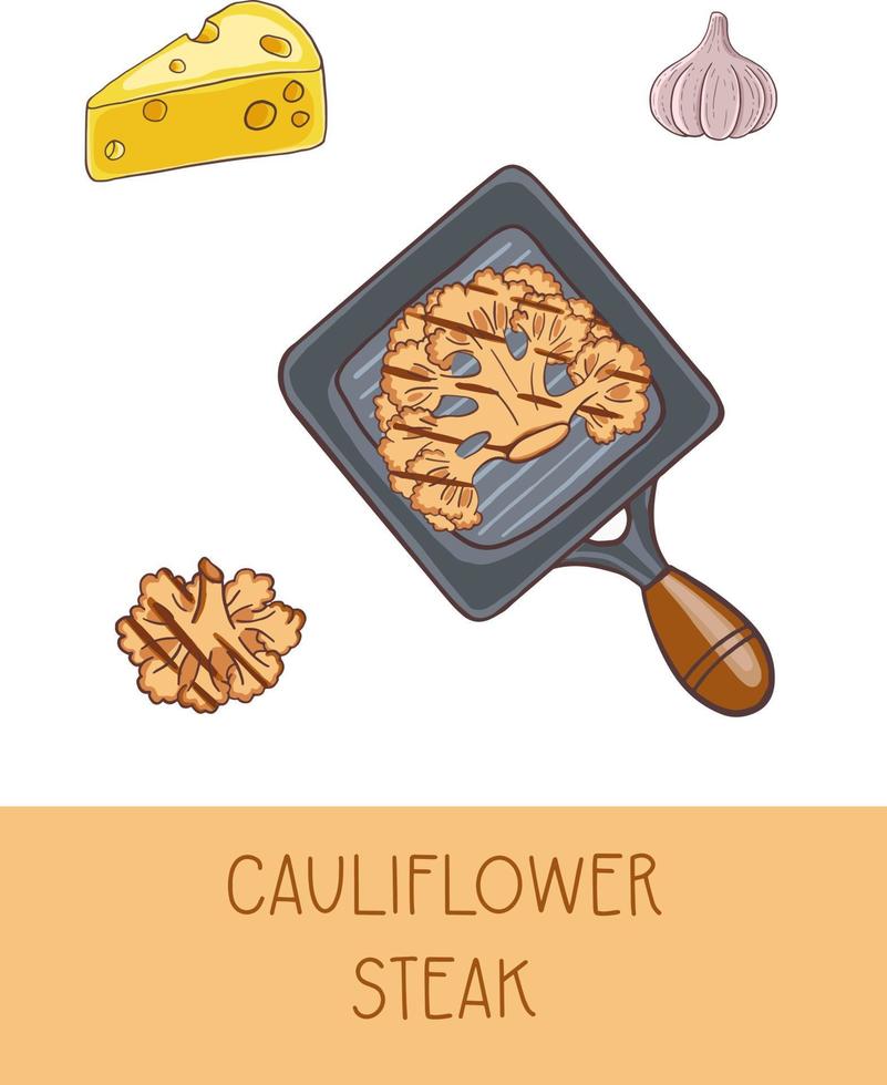 Ilustración de vector de banner de filete de coliflor. repollo, ajo, ingredientes de queso para una gran cena deliciosa