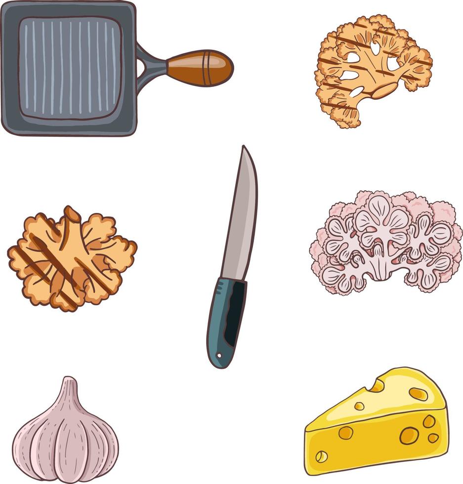 Cauliflower steak icons set vector illustration. Cabbage, garlic, cheese ingredients for great dinner delicious