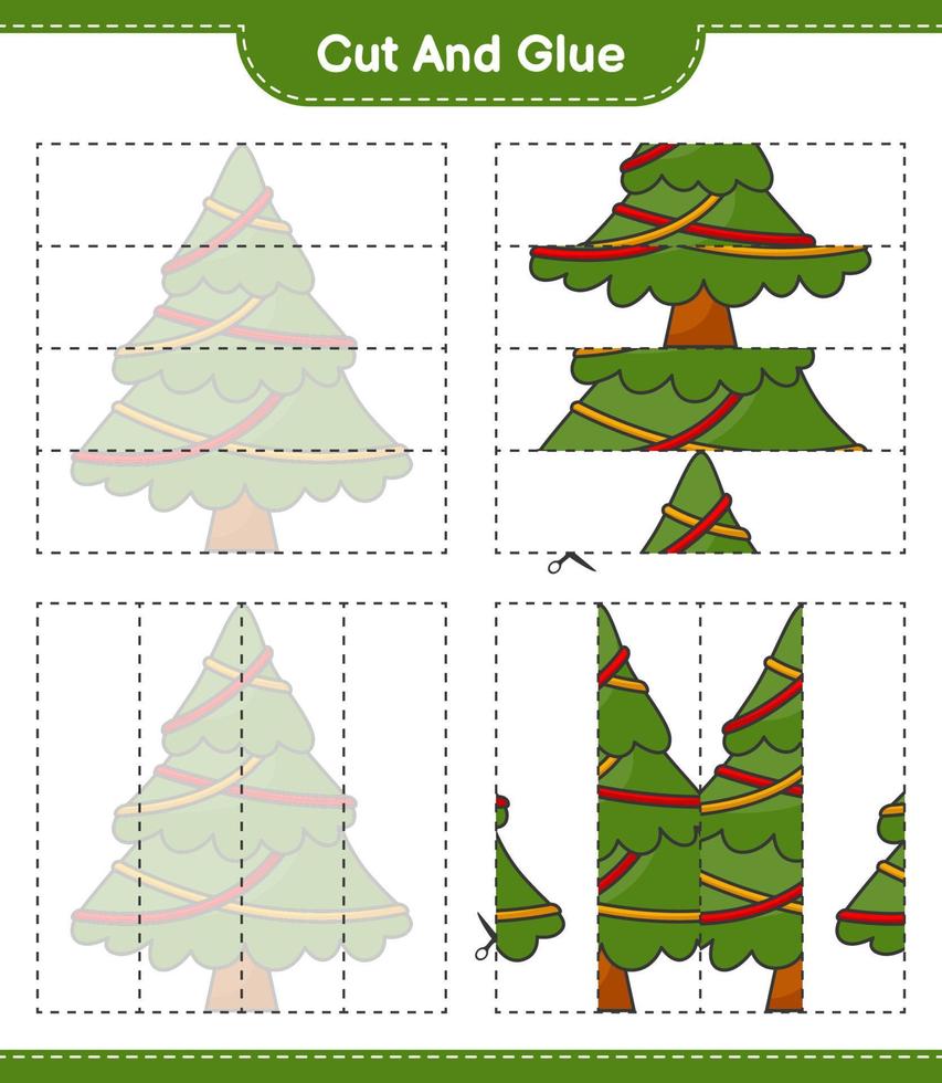 Cut and glue, cut parts of Christmas Tree and glue them. Educational children game, printable worksheet, vector illustration