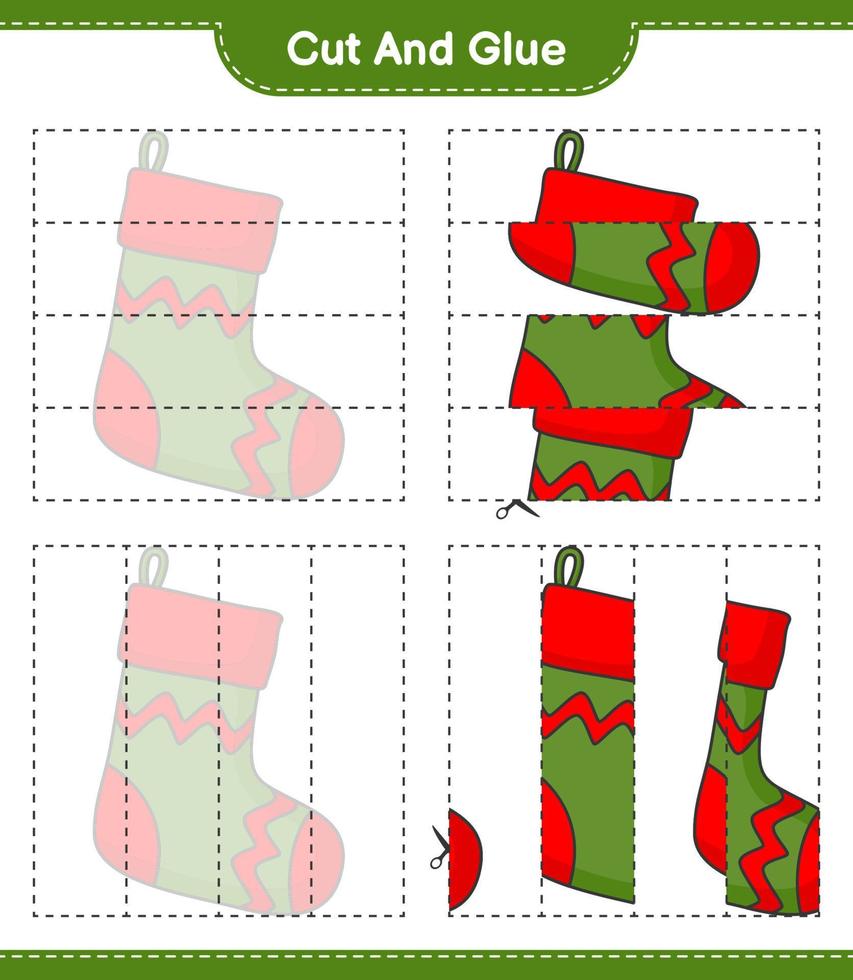 Cut and glue, cut parts of Christmas Sock and glue them. Educational children game, printable worksheet, vector illustration