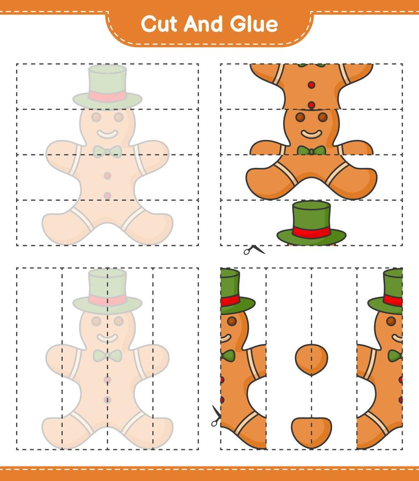 Cut and glue, cut parts of Gingerbread Man and glue them. Educational children game, printable worksheet, vector illustration