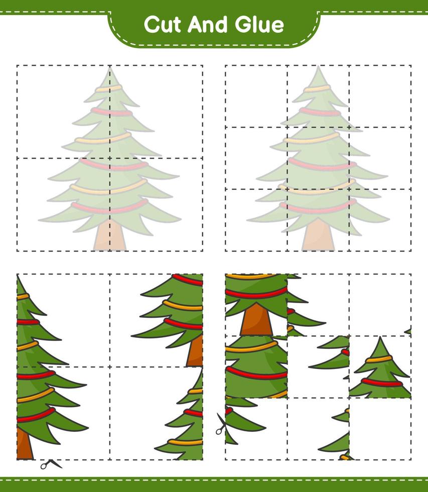 corta y pega, corta partes del árbol de navidad y pégalas. juego educativo para niños, hoja de cálculo imprimible, ilustración vectorial vector