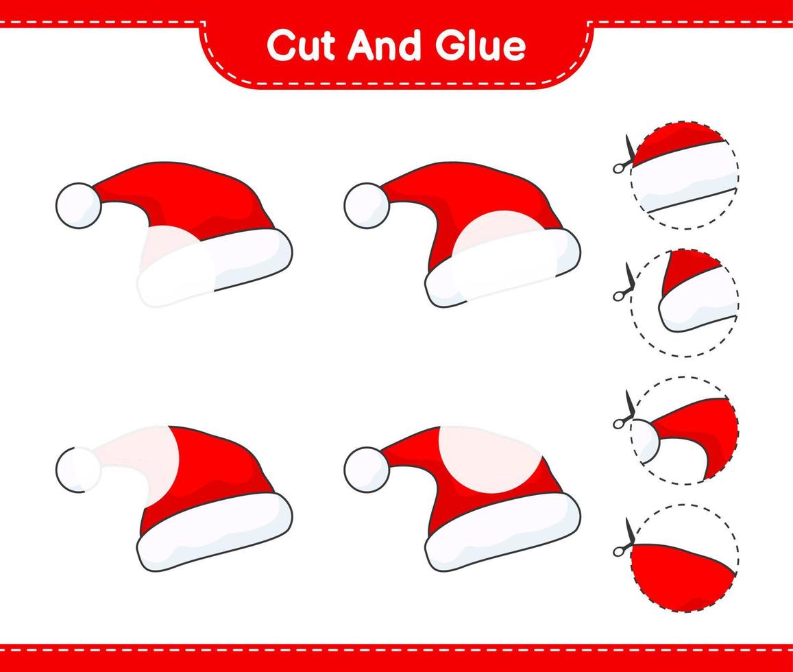 Cut and glue, cut parts of Santa Hat and glue them. Educational children game, printable worksheet, vector illustration