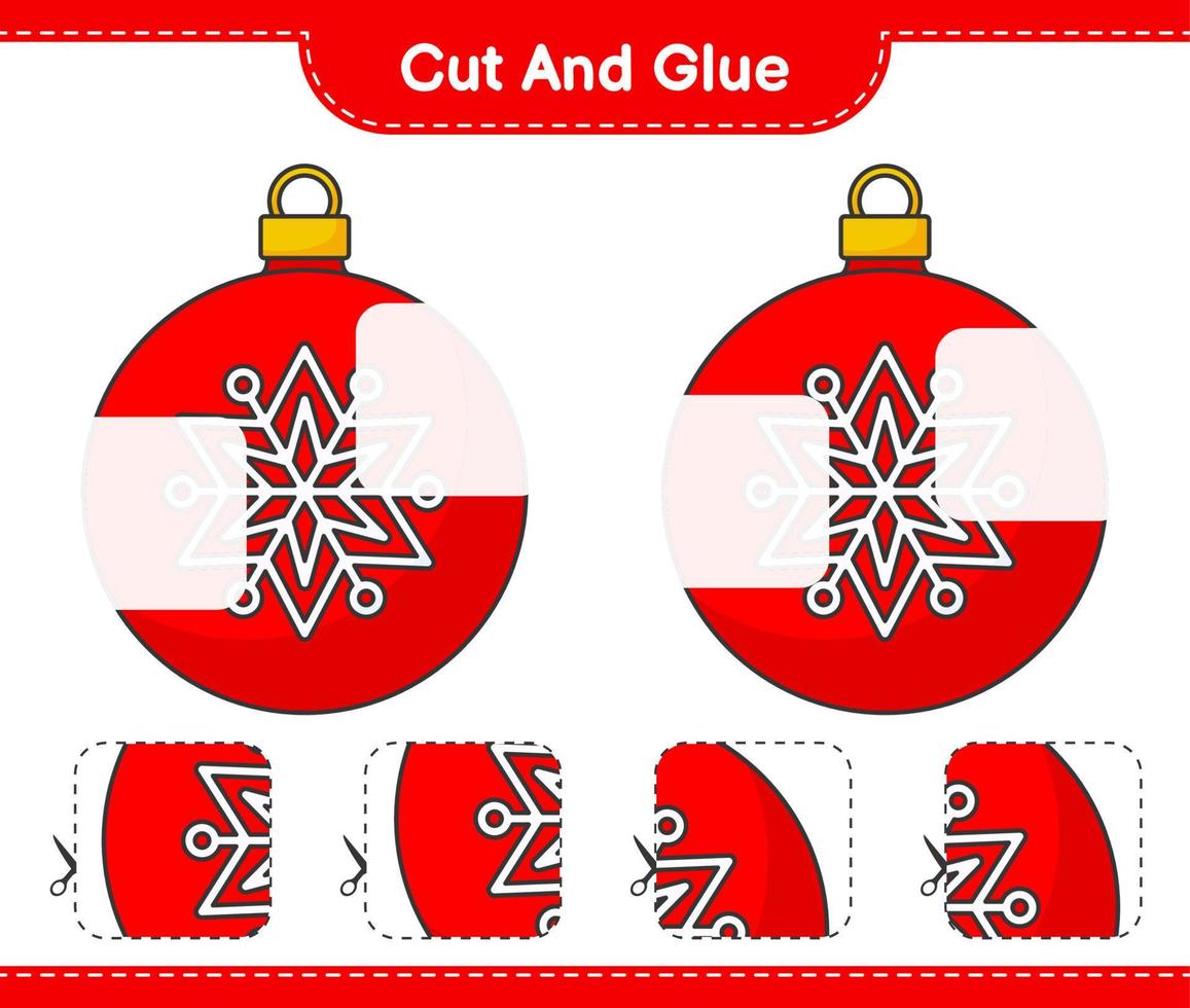 Cut and glue, cut parts of Christmas Ball and glue them. Educational children game, printable worksheet, vector illustration
