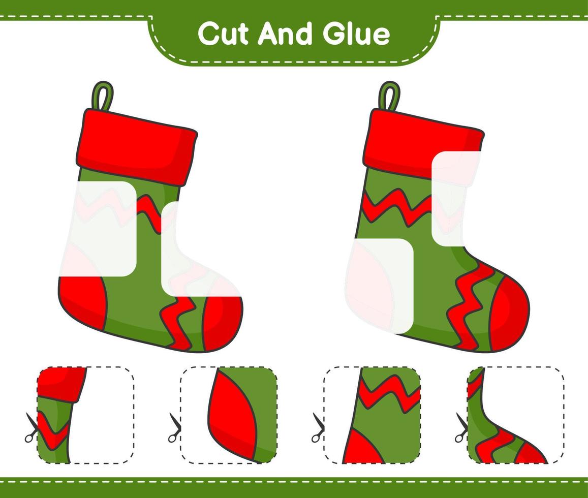 Cut and glue, cut parts of Christmas Sock and glue them. Educational children game, printable worksheet, vector illustration