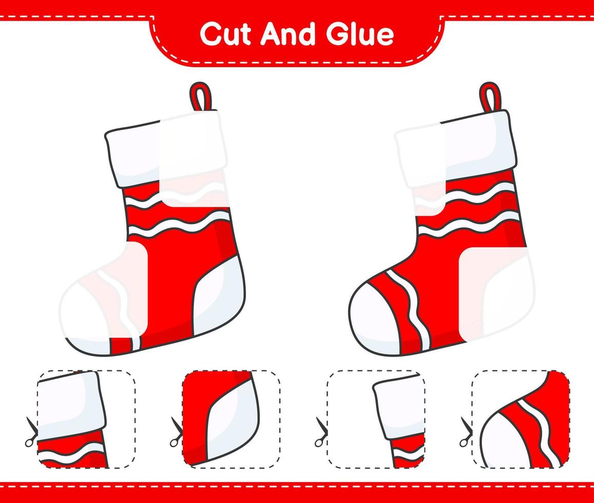 Cut and glue, cut parts of Christmas Sock and glue them. Educational children game, printable worksheet, vector illustration