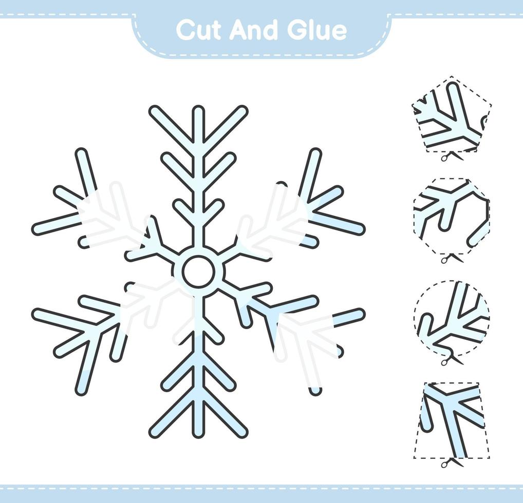 corta y pega, corta partes del copo de nieve y pégalas. juego educativo para niños, hoja de cálculo imprimible, ilustración vectorial vector
