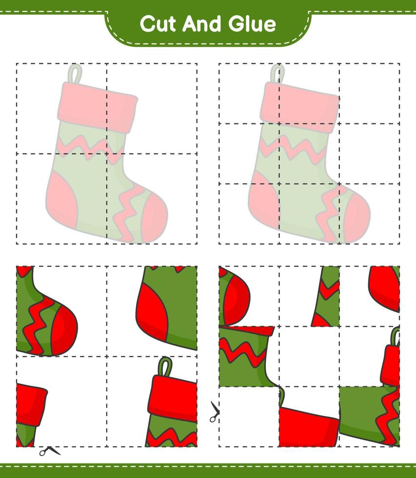 corta y pega, corta partes del calcetín navideño y pégalas. juego educativo para niños, hoja de cálculo imprimible, ilustración vectorial vector