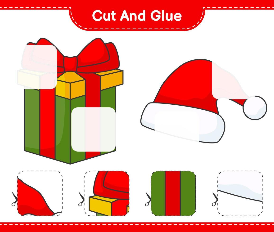 Cut and glue, cut parts of Santa Hat, Gift Box and glue them. Educational children game, printable worksheet, vector illustration