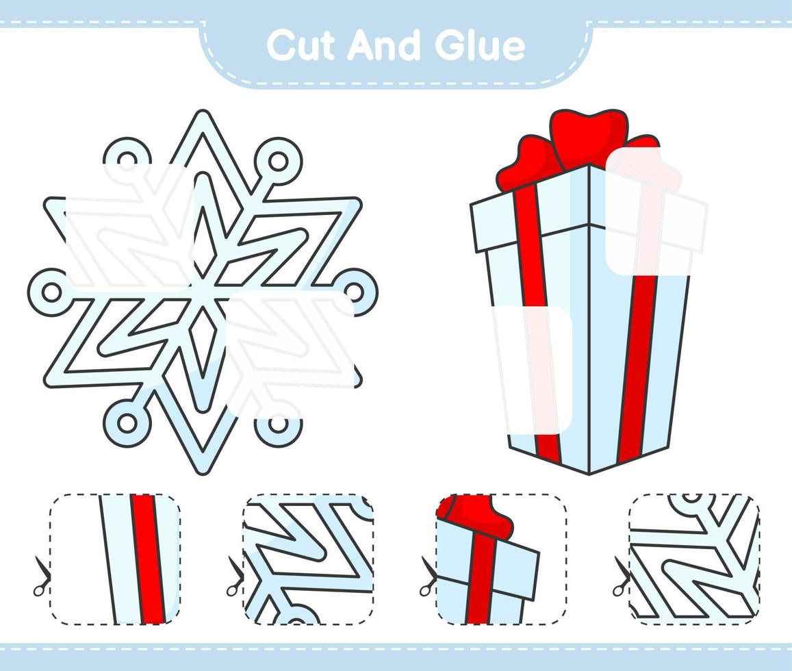 Cut and glue, cut parts of Snowflake, Gift Box and glue them. Educational children game, printable worksheet, vector illustration