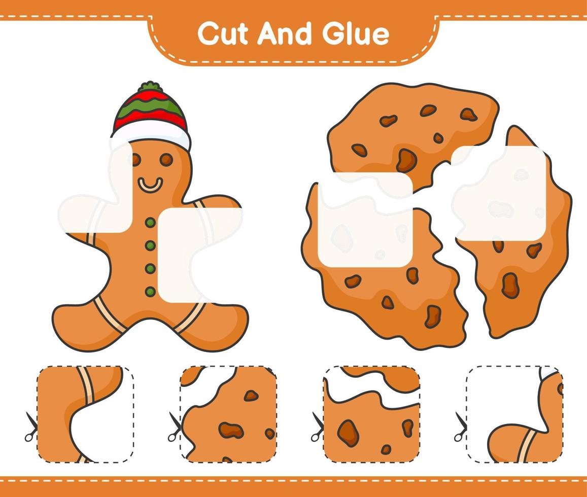 Cut and glue, cut parts of Gingerbread, Cookies and glue them. Educational children game, printable worksheet, vector illustration