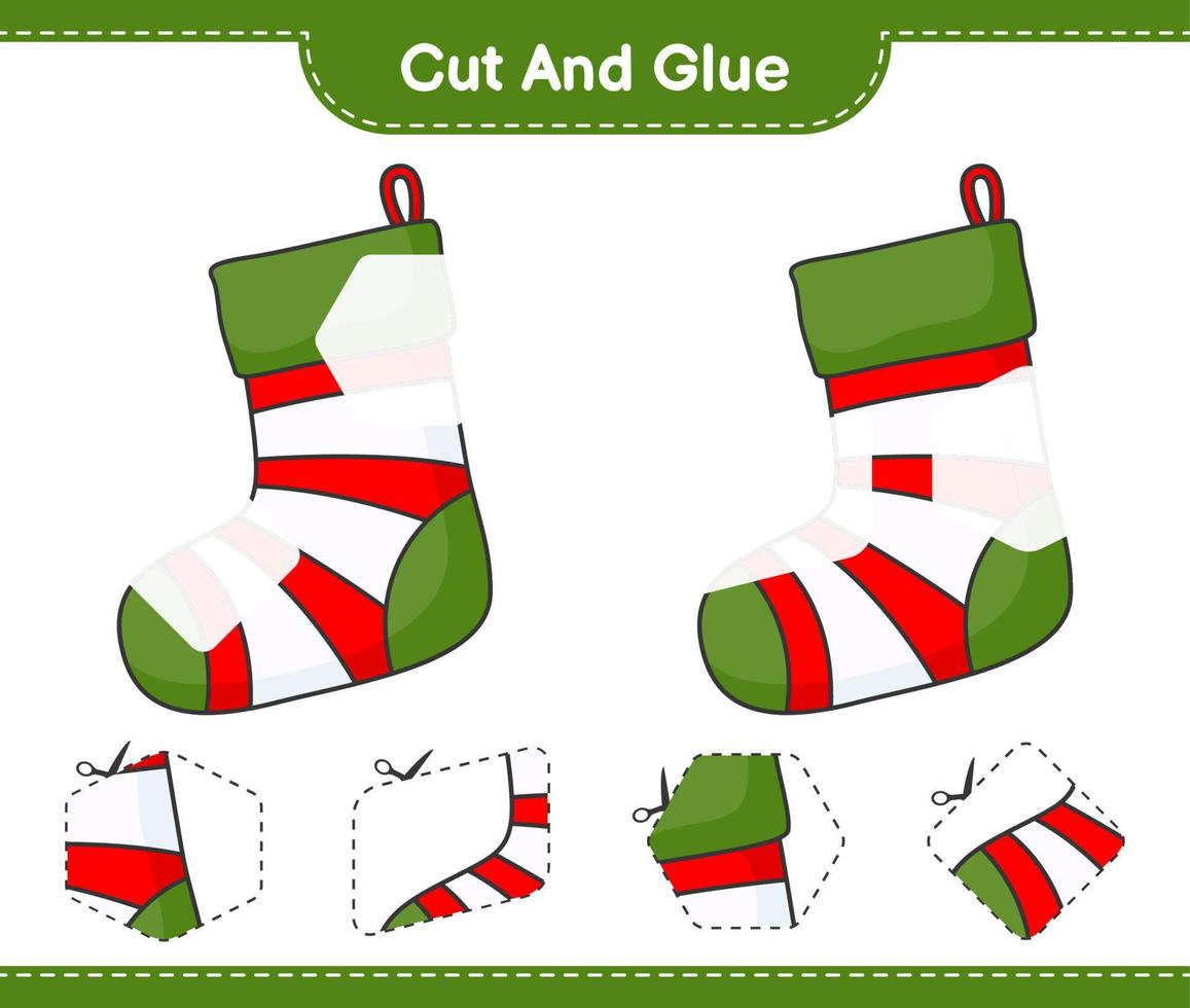 Cut and glue, cut parts of Christmas Sock and glue them. Educational children game, printable worksheet, vector illustration