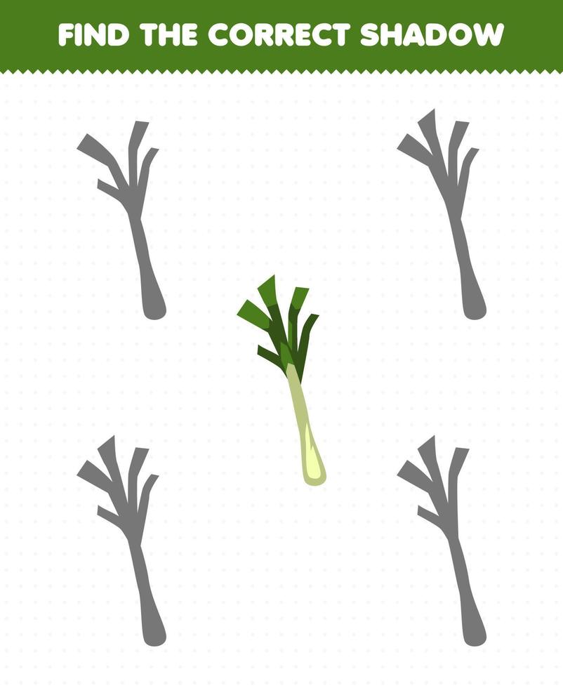 Education game for children find the correct shadow set of cartoon vegetable leek vector