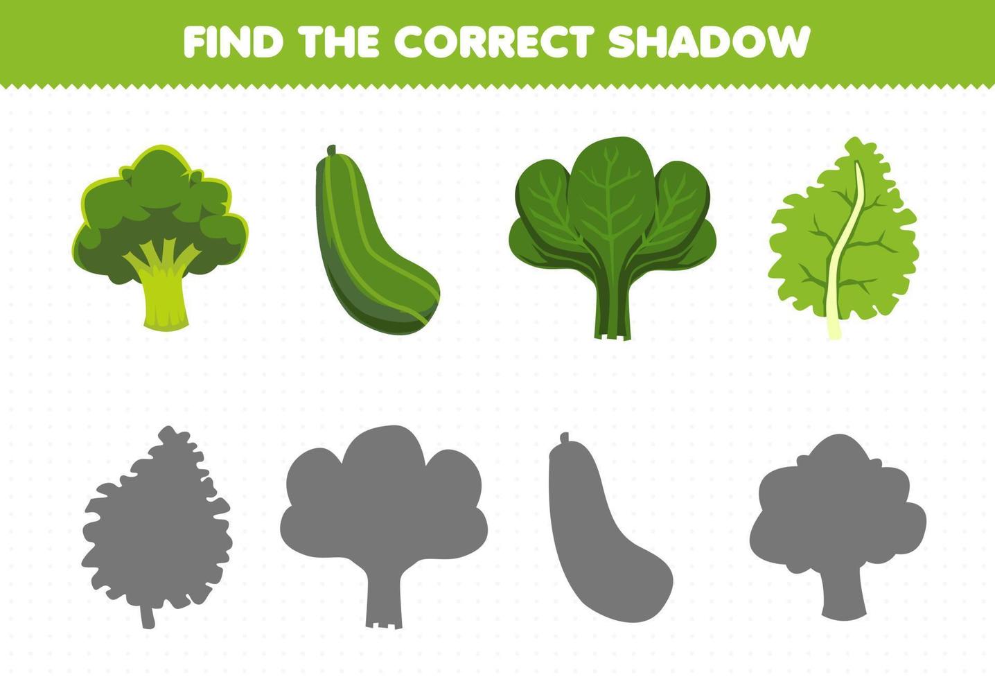 Education game for children find the correct shadow set of cartoon green vegetables broccoli cucumber spinach kale vector