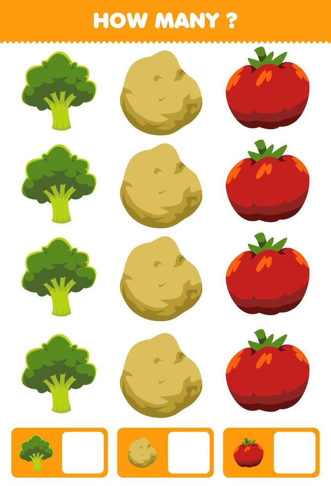 juego educativo para niños buscando y contando actividad para preescolar cuántas verduras de dibujos animados brócoli patata tomate vector