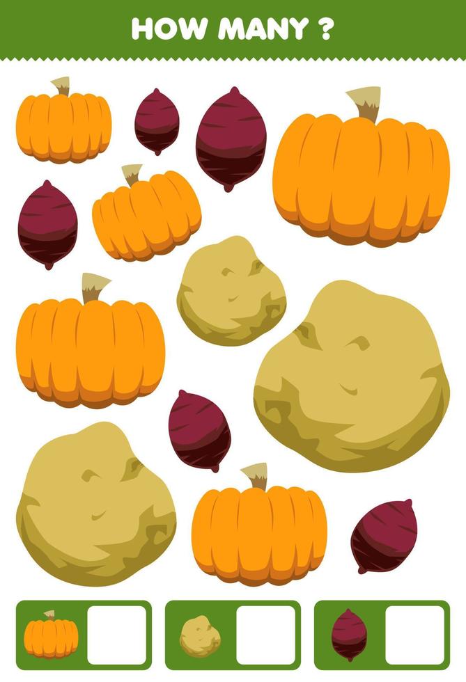 Education game for children searching and counting activity for preschool how many cartoon vegetables pumpkin yam potato vector