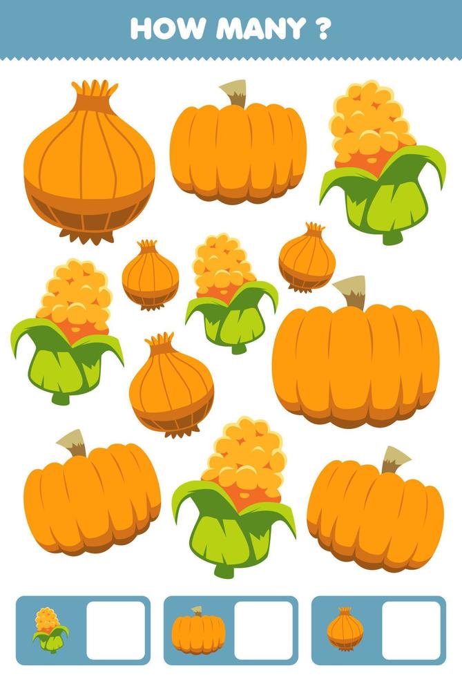 juego educativo para niños buscando y contando actividad para preescolar cuántas verduras de dibujos animados cebolla calabaza maíz vector