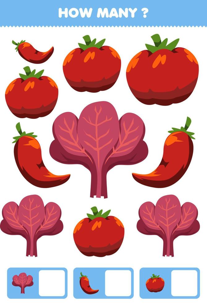 juego educativo para niños buscando y contando actividad para preescolar cuántas verduras de dibujos animados chile tomate espinaca roja vector