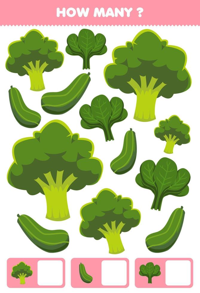 juego educativo para niños buscando y contando actividad para preescolar cuántas verduras de dibujos animados brócoli pepino espinacas vector