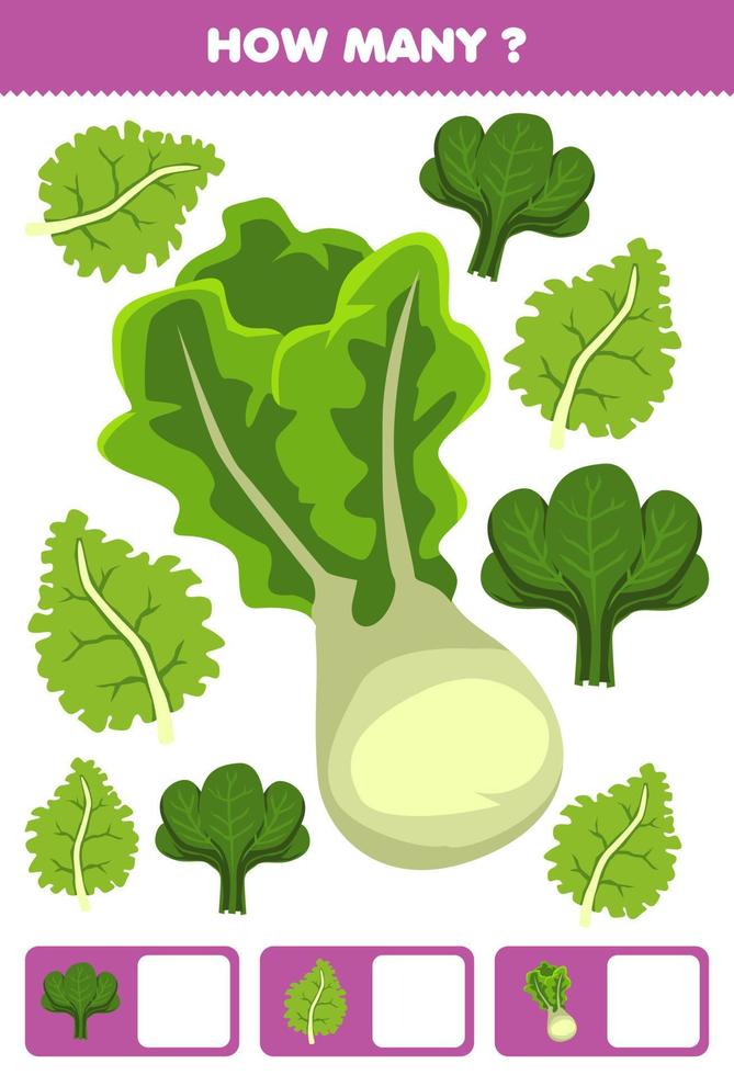 Education game for children searching and counting activity for preschool how many cartoon vegetables kale lettuce spinach vector