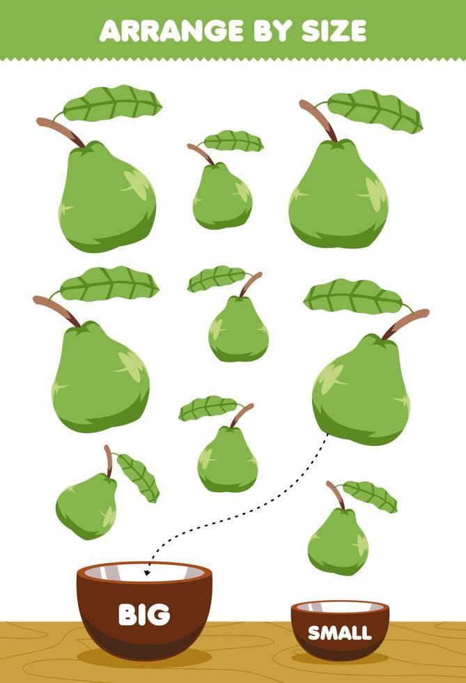 juego educativo para niños organizar por tamaño grande o pequeño ponerlo en el tazón imágenes de guayaba de frutas de dibujos animados vector