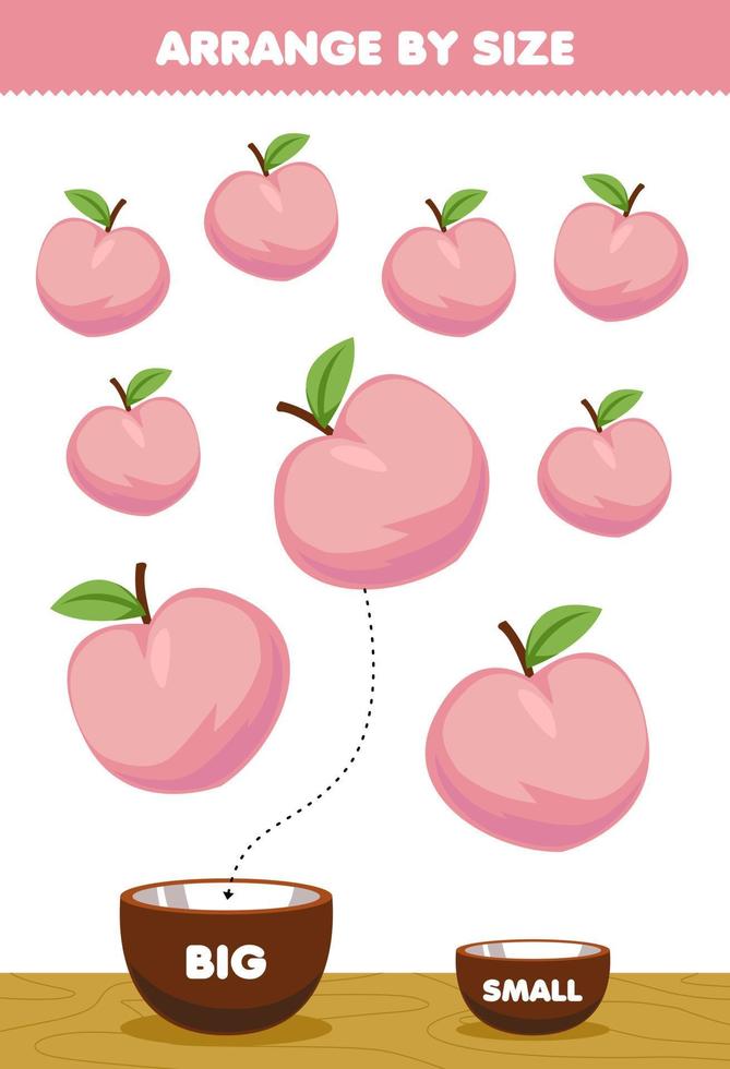 Education game for children arrange by size big or small put it in the bowl cartoon fruit peach pictures vector