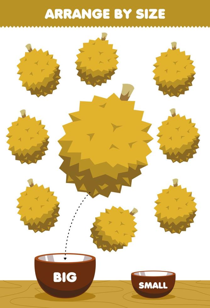 Education game for children arrange by size big or small put it in the bowl cartoon fruit durian pictures vector