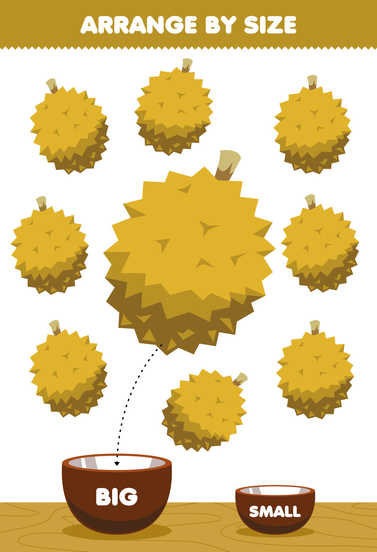 Education game for children arrange by size big or small put it in the bowl  cartoon fruit durian pictures 9460765 Vector Art at Vecteezy